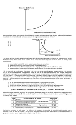 En un ambiente donde hay una baja disponibilidad de oxígeno, podría sugerirse que la curva que más probablemente
muestra la relación entre tasa de llamada y consumo de oxígeno es la marcada con el número
A. 1
B. 2
C. 3
D. 4
12. Si una persona aumenta la cantidad de grasas de origen animal en su dieta, el contenido de colesterol en la sangre
también aumenta. Por lo tanto, en las paredes de los vasos sanguíneos se pueden acumular placas de grasa y como
consecuencia
A. aumentará el flujo total de sangre que circula por los vasos sanguíneos
B. la sangre circulará con mucha dificultad y se aumentara la presión
C. disminuirá la concentración de oxígeno en la sangre que llega a las células de todos los tejidos
D. la sangre pasará más lenta por los capilares, aumentando la eficiencia en la difusión de gases
13. Generalmente las hembras son el sexo que más invierte en la reproducción, porque sus gametos son más costosos
que los de los machos y porque, con frecuencia, cuidan las crías en las fases tempranas de su vida. Por esta inversión no
equitativa se espera que los machos (el sexo que invierte menos) compitan entre sí por el acceso a una hembra (el sexo
que más invierte), y que las hembras sean muy selectivas a la hora de elegir un macho con quien aparearse. Sin embargo,
en las jacanas, una especie de ave, las hembras compiten por el acceso a los machos mientras que los machos cuidan de
las crías y son muy selectivos para aparearse con una hembra. Acerca de este caso poco común, usted se atrevería a
proponer que
A. en las jacanas los espermatozoides son más grandes y costosos que los óvulos
B. las jacanas macho invierten más que las hembras por el hecho de cuidar a las crías
C. las jacanas hembra compiten por el acceso al macho con los espermatozoides de mayor tamaño
D. las jacanas macho no compensan el bajo valor de sus gametos con el cuidado de las crías
CONTESTE LAS PREGUNTAS 14 Y 15 DE ACUERDO CON LA SIGUIENTE INFORMACIÓN
Para conocer más acerca de la biología de una especie de palma se realizó un estudio de una población que se encuentra
en un bosque bien conservado. El ciclo de vida de la palma se dividió en 6 etapas según la edad y sucesos biológicos que
ocurren en cada una así:
Etapa Características de las palmas Edad (años)
1 Plántulas 0 – 10
2 Juveniles no reproductivos pequeños 10 – 20
3 Juveniles no reproductivos grandes
Pre-reproductivas
20 – 30
4 Adultos reproductivos 30 – 40
5 Adultos viejos reproductivos
Reproductivas
40 – 50
6 Adultos viejos no reproductivos Post-reproductivas 50 – 60
Se tomaron individuos de cada etapa y se determinó en cada uno el porcentaje de peso (biomasa) de cada órgano
respecto al total del peso de la planta. Los resultados se presentan en la siguiente gráfica, en la que el área representa la
proporción del peso que corresponde a cada órgano según la edad.
 