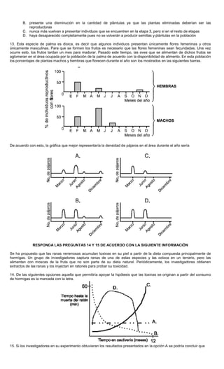 B. presente una disminución en la cantidad de plántulas ya que las plantas eliminadas deberían ser las
reproductoras
C. nunca más vuelvan a presentar individuos que se encuentren en la etapa 3, pero si en el resto de etapas
D. haya desaparecido completamente pues no se volverán a producir semillas y plántulas en la población
13. Esta especie de palma es dioica, es decir que algunos individuos presentan únicamente flores femeninas y otros
únicamente masculinas. Para que se formen los frutos es necesario que las flores femeninas sean fecundadas. Una vez
ocurre esto, los frutos tardan un mes para madurar. Pasado este tiempo, las aves que se alimentan de dichos frutos se
aglomeran en el área ocupada por la población de la palma de acuerdo con la disponibilidad de alimento. En esta población
los porcentajes de plantas machos y hembras que florecen durante el año son los mostrados en las siguientes barras.
De acuerdo con esto, la gráfica que mejor representaría la densidad de pájaros en el área durante el año sería
RESPONDA LAS PREGUNTAS 14 Y 15 DE ACUERDO CON LA SIGUIENTE INFORMACIÓN
Se ha propuesto que las ranas venenosas acumulan toxinas en su piel a partir de la dieta compuesta principalmente de
hormigas. Un grupo de investigadores captura ranas de una de estas especies y las coloca en un terrario, pero las
alimentan con moscas de la fruta que no son parte de su dieta natural. Periódicamente, los investigadores obtienen
extractos de las ranas y los inyectan en ratones para probar su toxicidad.
14. De las siguientes opciones aquella que permitiría apoyar la hipótesis que las toxinas se originan a partir del consumo
de hormigas es la marcada con la letra.
15. Si los investigadores en su experimento obtuvieran los resultados presentados en la opción A se podría concluir que
 