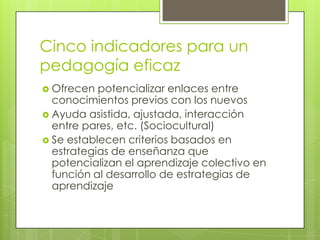 Cinco indicadores para un
pedagogía eficaz
 Ofrecen

potencializar enlaces entre
conocimientos previos con los nuevos
 Ayuda asistida, ajustada, interacción
entre pares, etc. (Sociocultural)
 Se establecen criterios basados en
estrategias de enseñanza que
potencializan el aprendizaje colectivo en
función al desarrollo de estrategias de
aprendizaje

 