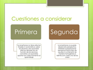Cuestiones a considerar

Primera
La enseñanza no tiene efectos
lineales ni automáticos sobre
los alumnos, sino que estos
efectos siempre son en
función de los alumnos
concretos y lo que éstos
aportan en cada momento al
aprendizaje

Segunda
La enseñanza no puede,
desde esta perspectiva,
limitarse a proporcionar
siempre el mismo tipo de
ayudas ni a intervenir de
manera homogénea e
idéntica en cada uno de los
casos

 