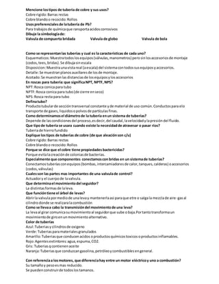 Mencione lostipos de tuberia de cobre y sus usos?
Cobre rigido:Barras rectas
Cobre blandoo recocido:Rollos
Usospreferencialesde latubería de Pb?
Para trabajosde químicaque ransportaacidoscorrosivos
Dibuje la simbologíade:
Valvula de compuerta bridada Valvula de globo Valvula de bola
Como se representanlas tuberías y cual es la características de cada uno?
Esquematicos:Muestratodoslosequipos(válvulas,manometros) perosinlosaccesoriosde montaje
(codos,tees,bridas).Se dibujasinescala
Disposicion:Muestraunavistareal (aescala) del sistemacontodossusequiposyaccesorios.
Detalle:Se muestranplanosauxiliaresde losde montaje.
Acotado:Se muestranlas distanciasde losequiposylosaccesorios
En roscas para tubería:que significaNPT, NPTF,NPS?
NPT:Rosca conica para tubo
NPTF:Rosca conica para tubo(de cierre enseco)
NPS:Rosca recta para tubo
Definatubo?
Productotubularde seccióntransversal constante yde material de uso común.Conductospara elo
transporte de gases,liquidosopolvosde partículasfinas.
Como determinamosel diámetrode la tubería enun sistema de tuberías?
Depende de lascondicionesdel proceso,esdecir,del caudal,lavelocidadylapresióndel fluido.
Que tipode tubería se usara cuando existe la necesidadde atravesar o pasar ríos?
Tuberiade hierrofundido
Explique lostipos de tuberías de cobre (de que aleaciónson c/u)
Cobre rigido:Barras rectas
Cobre blandoo recocido:Rollos
Porque se dice que el cobre tiene propiedades bactericidas?
Porque evitalacreaciónde coloniasde bacterias.
Especialmente que componentes conectamoscon bridas en un sistemade tuberías?
Conectamostuberíasconequipos(bombas,intercamiadoresde calor,tanques,calderas) oaccesorios
(codos,válvulas)
Cualesson las partes mas importantes de una valvulade control?
Actuadory el cuerpode lavalvula.
Que determinael movimientodel seguidor?
La distintasformasde laleva.
Que funcióntiene el árbol de levas?
Abrirla valvulapormediode unalevay mantenerlaasi paraque etre o salgala mezclade aire-gasal
cilindrodonde se realizaralacombustión
Como se llevaa cabo la transmisióndel movimientode una leva?
La levaal girar comunicasumovimientoal seguidorque sube obaja.Portantotransformaun
movimientode giroenunmovimientoalternativo.
Color de tuberías
Azul:Tuberiasycilindrosde oxigeno
Verde:Tuberiasparamaterialesgranulados
Amarillo:Tuberiasque conducenacidos oproductosquímicostoxicos oproductosinflamables.
Rojo:Agentesextintores:agua,espuma,CO2.
Gris: Tuberiasqcontienenaceite
Naranja:Tuberiasque conduzcangasolina,petróleoycombustiblesengeneral.
Con referenciaa losmotores, que diferenciahay entre un motor eléctricoy uno a combustión?
Su tamañoy pesoesmas reducido.
Se puedenconstruirde todoslostamanos.
 