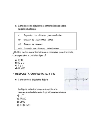 5. Considere las siguientes características sobre
semiconductores:
¿Cuáles de las características enumeradas anteriormente,
corresponden a cristales tipo p?
a) I y III
b) IV y V
c) II y V
d) III y IV
 RESPUESTA CORRECTA: D, III y IV
6. Considere la siguiente figura
La figura anterior hace referencia a la
curva característica de dispositivo electrónico
a) UJT
b) TRIAC
c) DIAC
d) TIRISTOR
v. Dopados con átomos pentavalentes
vi. Exceso de electrones libres
vii. Exceso de huecos
viii. Dopado con átomos trivalentes.
 
