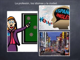La profesión, los idiomas y la ciudad.
 