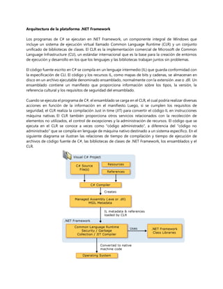 Arquitectura de la plataforma .NET Framework
Los programas de C# se ejecutan en .NET Framework, un componente integral de Windows que
incluye un sistema de ejecución virtual llamado Common Language Runtime (CLR) y un conjunto
unificado de bibliotecas de clases. El CLR es la implementación comercial de Microsoft de Common
Language Infrastructure (CLI), un estándar internacional que es la base para la creación de entornos
de ejecución y desarrollo en los que los lenguajes y las bibliotecas trabajan juntos sin problemas.
El código fuente escrito en C# se compila en un lenguaje intermedio (IL) que guarda conformidad con
la especificación de CLI. El código y los recursos IL, como mapas de bits y cadenas, se almacenan en
disco en un archivo ejecutable denominado ensamblado, normalmente con la extensión .exe o .dll. Un
ensamblado contiene un manifiesto que proporciona información sobre los tipos, la versión, la
referencia cultural y los requisitos de seguridad del ensamblado.
Cuando se ejecuta el programa de C#, el ensamblado se carga en el CLR, el cual podría realizar diversas
acciones en función de la información en el manifiesto. Luego, si se cumplen los requisitos de
seguridad, el CLR realiza la compilación Just in time (JIT) para convertir el código IL en instrucciones
máquina nativas. El CLR también proporciona otros servicios relacionados con la recolección de
elementos no utilizados, el control de excepciones y la administración de recursos. El código que se
ejecuta en el CLR se conoce a veces como "código administrado", a diferencia del "código no
administrado" que se compila en lenguaje de máquina nativo destinado a un sistema específico. En el
siguiente diagrama se ilustran las relaciones de tiempo de compilación y tiempo de ejecución de
archivos de código fuente de C#, las bibliotecas de clases de .NET Framework, los ensamblados y el
CLR.
 