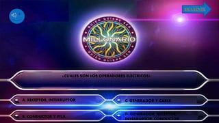 ¿CUALES SON LOS OPERADORES ELECTRICOS?
A. RECEPTOR, INTERRUPTOR
B. CONDUCTOR Y PILA
C. GENERADOR Y CABLE
D. GENERADOR, RECEPTOR,
INTERRUPTOR, CONDUCTOR
SIGUIENTE
 