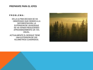 PREPARATE PARA EL ICFES


PROBLEMA:

  EN LA ULTIMA DECADA SE HA
   OBSERVADO QUE DEBIDO A LA
       DEFORESTACION, LA
    EXTENSION DE UN BOSQUE
    SE HA VENIDO REDUCIENDO
    APROXIMADAMENTE UN 10%
             ANUAL.
ACTUALMENTE EL BOSQUE TIENE
      UNA EXTENSION DE 200
    KILOMETROS CUADRADOS.
 