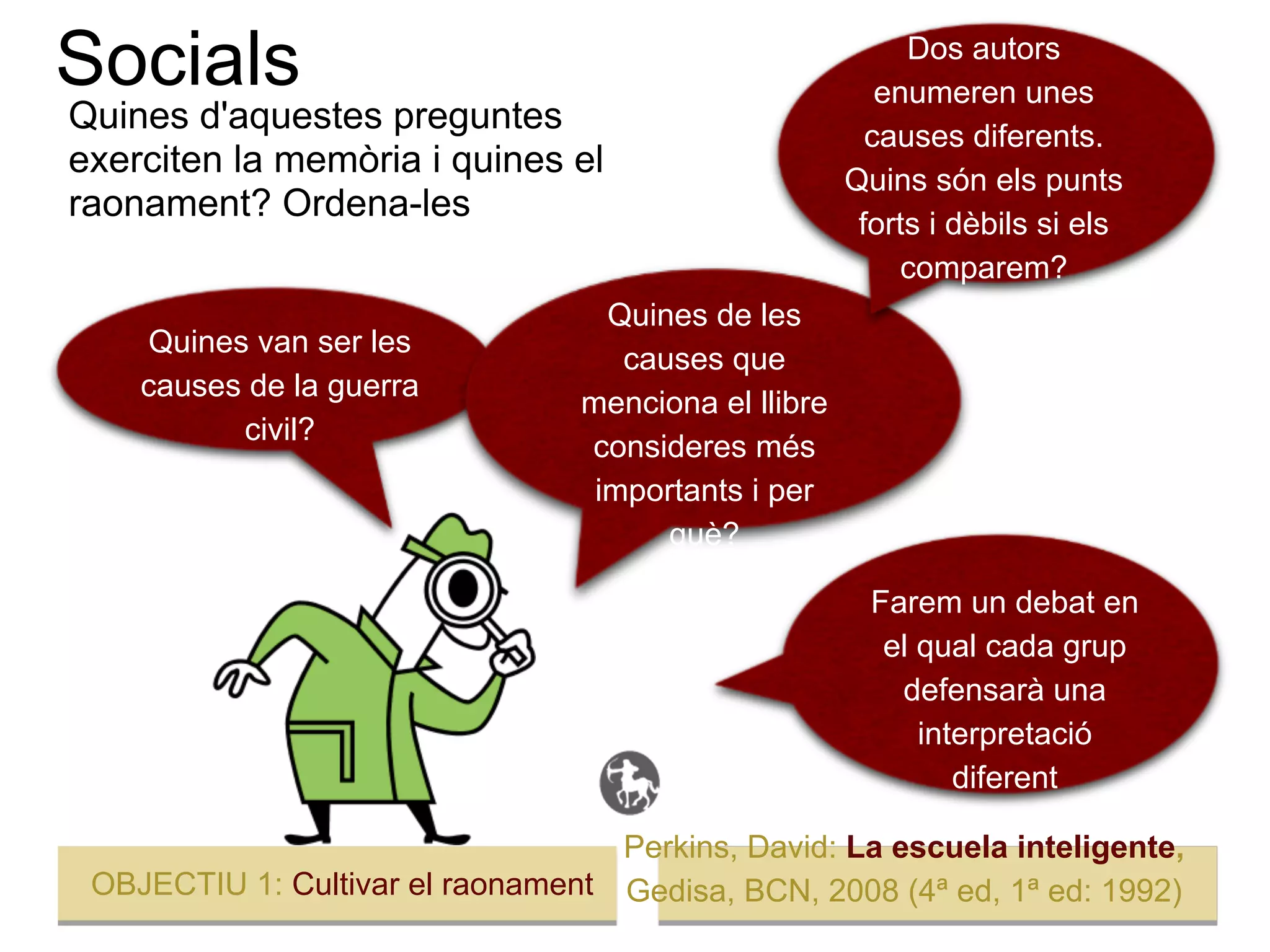 Socials                                                    Dos autors
                                                         enumeren unes
Quines d'aquestes preguntes                             causes diferents.
exerciten la memòria i quines el                      Quins són els punts
raonament? Ordena-les                                  forts i dèbils si els
                                                           comparem?
                                   Quines de les
     Quines van ser les
                                    causes que
    causes de la guerra
                                 menciona el llibre
           civil?
                                 consideres més
                                  importants i per
                                       què?

                                                        Farem un debat en
                                                         el qual cada grup
                                                          defensarà una
                                                            interpretació
                                                               diferent

                                   Perkins, David: La escuela inteligente,
 OBJECTIU 1: Cultivar el raonament Gedisa, BCN, 2008 (4ª ed, 1ª ed: 1992)
 