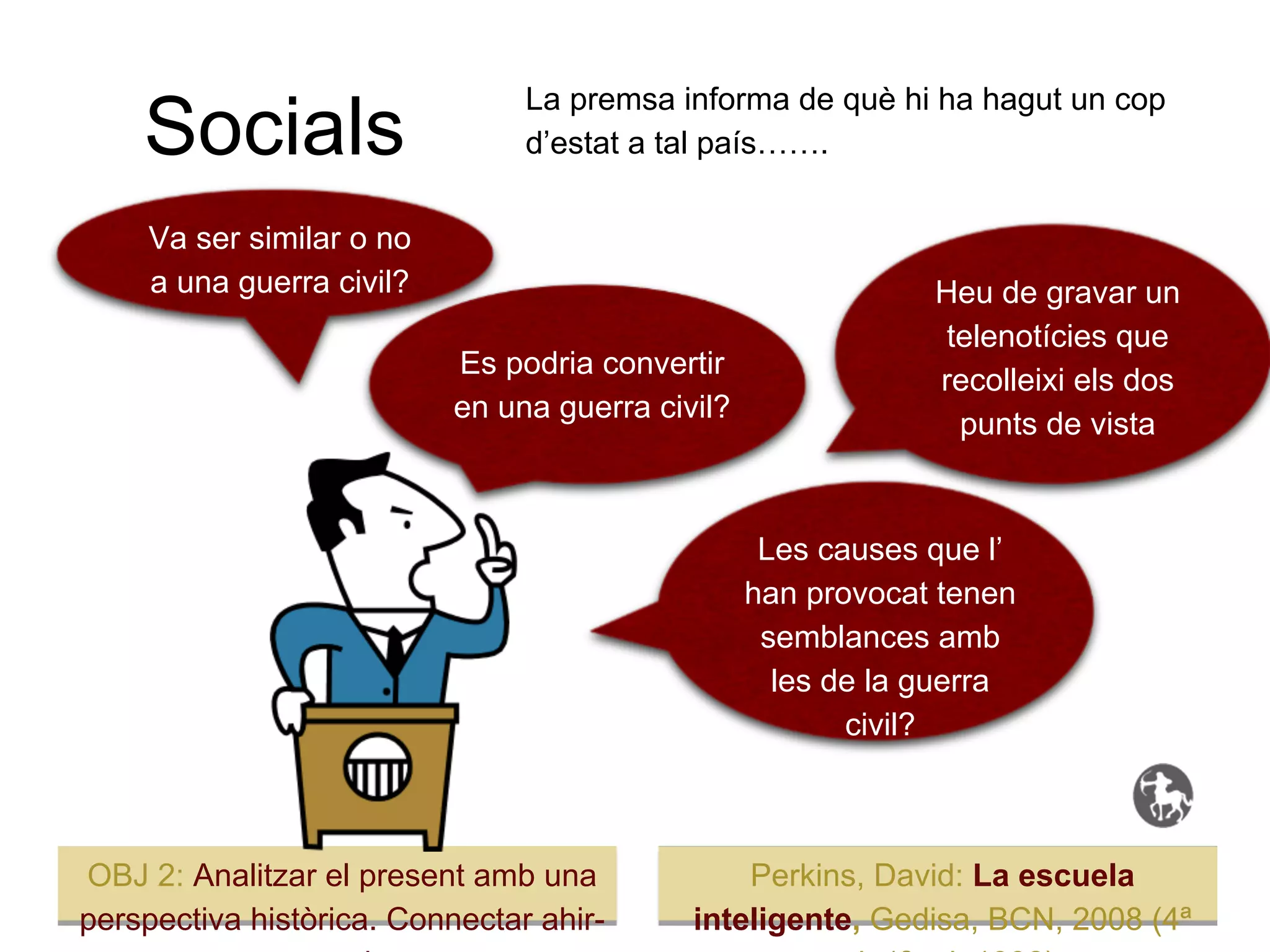 La premsa informa de què hi ha hagut un cop
    Socials                     d’estat a tal país…….


    Va ser similar o no
    a una guerra civil?                                       Heu de gravar un
                                                              telenotícies que
                           Es podria convertir
                                                              recolleixi els dos
                           en una guerra civil?
                                                               punts de vista


                                                   Les causes que l’
                                                  han provocat tenen
                                                   semblances amb
                                                    les de la guerra
                                                         civil?



OBJ 2: Analitzar el present amb una             Perkins, David: La escuela
perspectiva històrica. Connectar ahir-      inteligente, Gedisa, BCN, 2008 (4ª
 