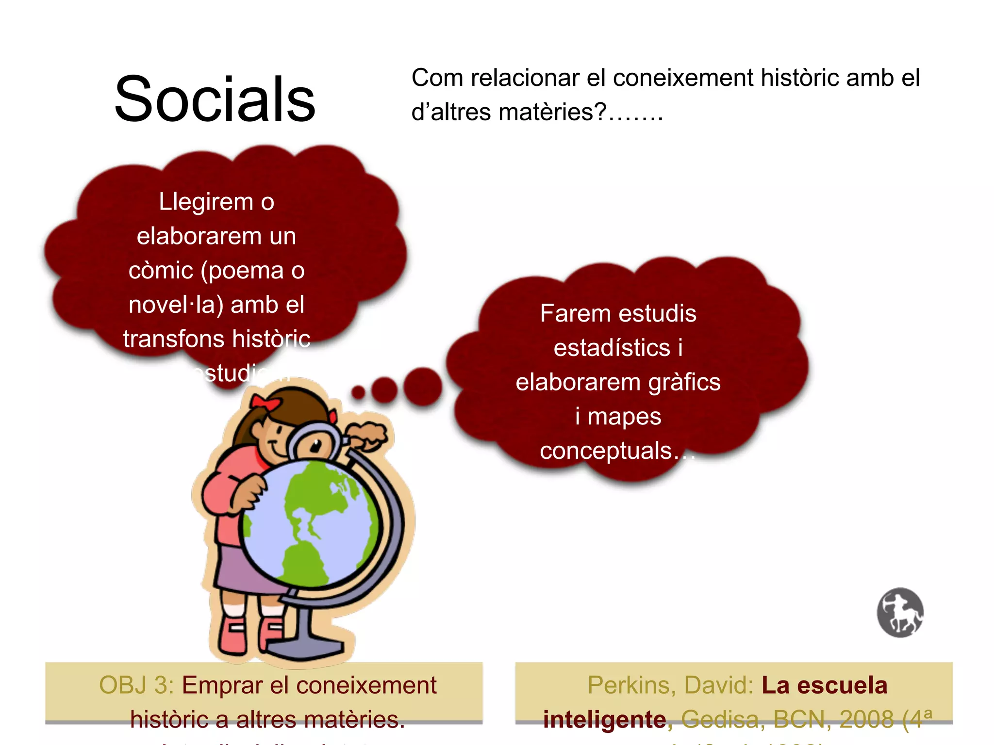 Com relacionar el coneixement històric amb el
 Socials                  d’altres matèries?…….


      Llegirem o
    elaborarem un
   còmic (poema o
   novel·la) amb el                  Farem estudis
  transfons històric                  estadístics i
    que estudiem                   elaborarem gràfics
                                        i mapes
                                     conceptuals…




OBJ 3: Emprar el coneixement             Perkins, David: La escuela
  històric a altres matèries.        inteligente, Gedisa, BCN, 2008 (4ª
 