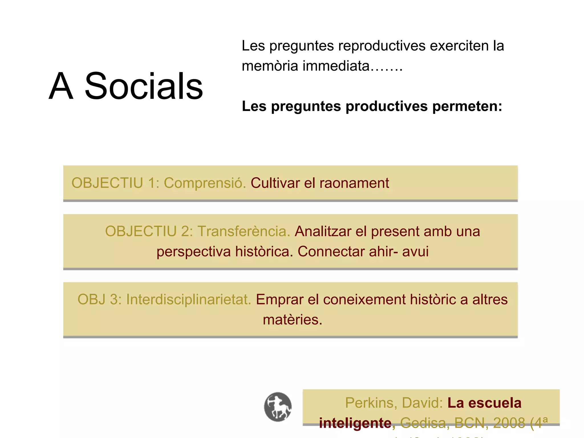 Les preguntes reproductives exerciten la
                           memòria immediata…….
A Socials                  Les preguntes productives permeten:




 OBJECTIU 1: Comprensió. Cultivar el raonament


     OBJECTIU 2: Transferència. Analitzar el present amb una
          perspectiva històrica. Connectar ahir- avui


 OBJ 3: Interdisciplinarietat. Emprar el coneixement històric a altres
                                matèries.




                                           Perkins, David: La escuela
                                       inteligente, Gedisa, BCN, 2008 (4ª
 