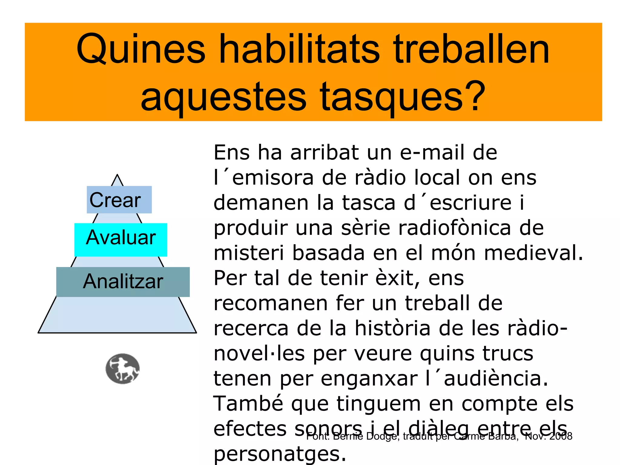 Quines habilitats treballen
   aquestes tasques?
            Ens ha arribat un e-mail de
            l´emisora de ràdio local on ens
Crear       demanen la tasca d´escriure i
Avaluar     produir una sèrie radiofònica de
            misteri basada en el món medieval.
Analitzar   Per tal de tenir èxit, ens
            recomanen fer un treball de
            recerca de la història de les ràdio-
            novel·les per veure quins trucs
            tenen per enganxar l´audiència.
            També que tinguem en compte els
            efectes sonors Dodge, traduït per Carme Barba, Nov. 2008
                     Font: Bernie i el diàleg entre els

            personatges.
 