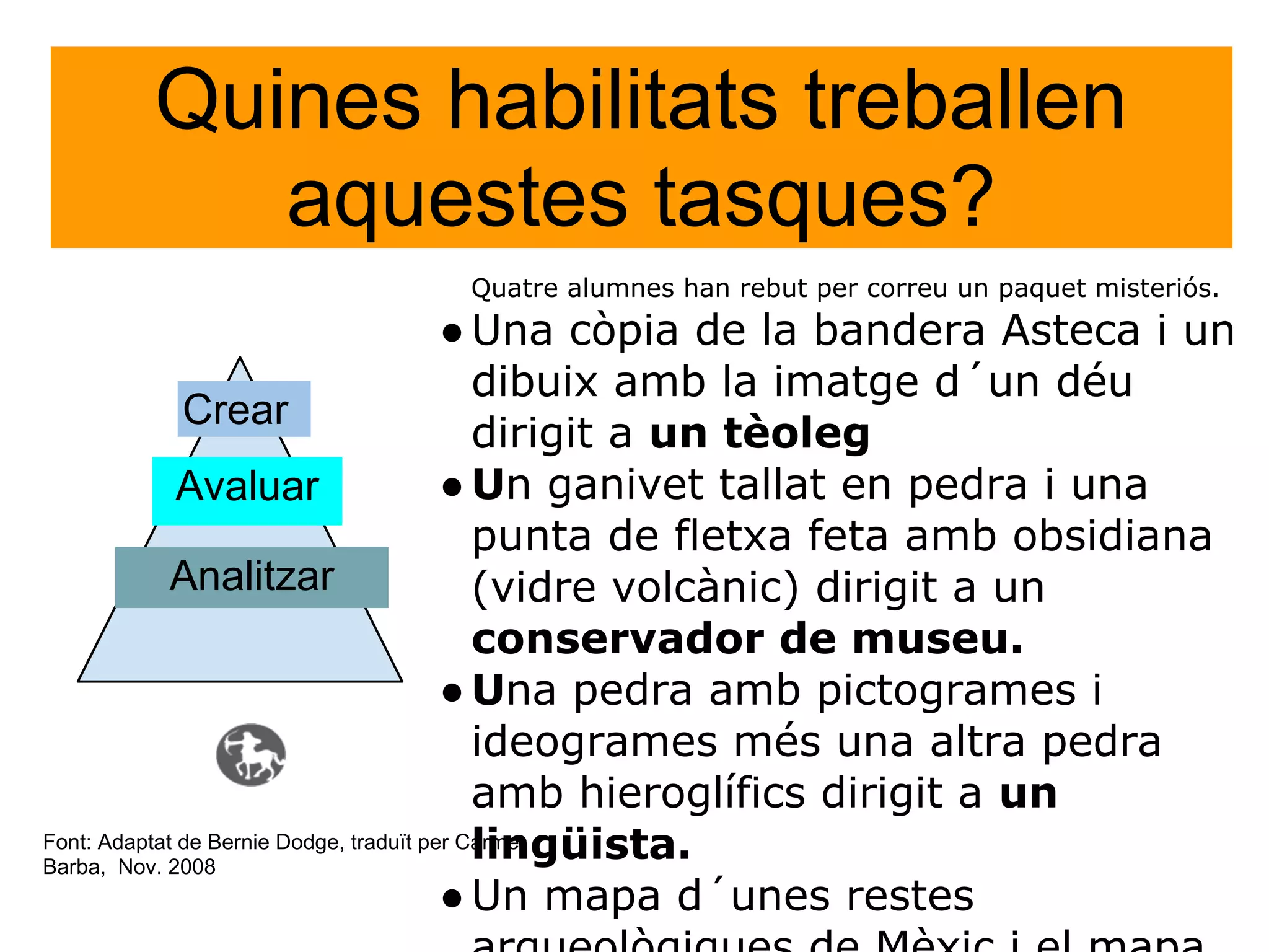 Quines habilitats treballen
          aquestes tasques?
                           Quatre alumnes han rebut per correu un paquet misteriós.
                                         ● Una còpia de la bandera Asteca i un
                                            dibuix amb la imatge d´un déu
              Crear
                                            dirigit a un tèoleg
              Avaluar                    ● Un ganivet tallat en pedra i una
                                            punta de fletxa feta amb obsidiana
             Analitzar                      (vidre volcànic) dirigit a un
                                            conservador de museu.
                                         ● Una pedra amb pictogrames i
                                            ideogrames més una altra pedra
                                            amb hieroglífics dirigit a un
                                            lingüista.
Font: Adaptat de Bernie Dodge, traduït per Carme
Barba, Nov. 2008
                                         ● Un mapa d´unes restes
 