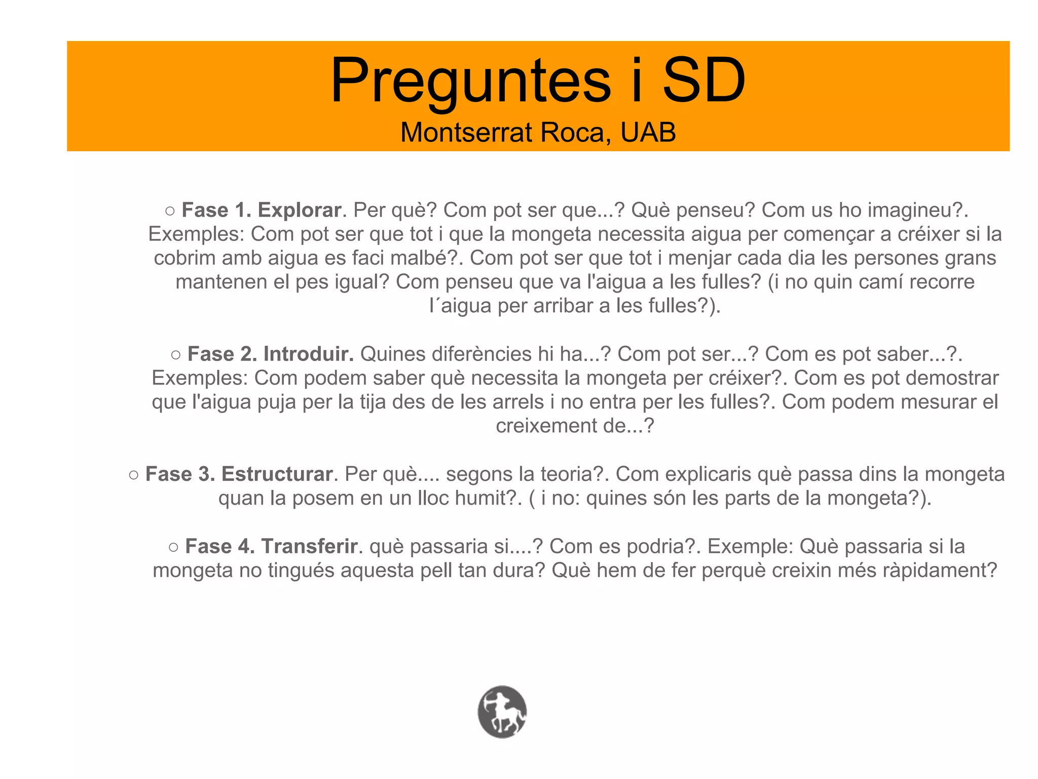 Preguntes i SD
                             Montserrat Roca, UAB

   ○ Fase 1. Explorar. Per què? Com pot ser que...? Què penseu? Com us ho imagineu?.
  Exemples: Com pot ser que tot i que la mongeta necessita aigua per començar a créixer si la
  cobrim amb aigua es faci malbé?. Com pot ser que tot i menjar cada dia les persones grans
    mantenen el pes igual? Com penseu que va l'aigua a les fulles? (i no quin camí recorre
                               l´aigua per arribar a les fulles?).

    ○ Fase 2. Introduir. Quines diferències hi ha...? Com pot ser...? Com es pot saber...?.
  Exemples: Com podem saber què necessita la mongeta per créixer?. Com es pot demostrar
  que l'aigua puja per la tija des de les arrels i no entra per les fulles?. Com podem mesurar el
                                          creixement de...?

○ Fase 3. Estructurar. Per què.... segons la teoria?. Com explicaris què passa dins la mongeta
          quan la posem en un lloc humit?. ( i no: quines són les parts de la mongeta?).

   ○ Fase 4. Transferir. què passaria si....? Com es podria?. Exemple: Què passaria si la
  mongeta no tingués aquesta pell tan dura? Què hem de fer perquè creixin més ràpidament?
 