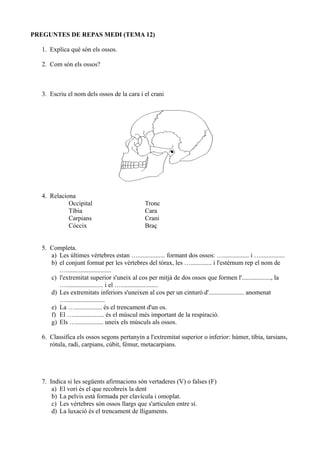 PREGUNTES DE REPAS MEDI (TEMA 12)
1. Explica què són els ossos.
2. Com són els ossos?
3. Escriu el nom dels ossos de la cara i el crani
4. Relaciona
Occipital Tronc
Tíbia Cara
Carpians Crani
Cóccix Braç
5. Completa.
a) Les últimes vértebres estan …................. formant dos ossos: …................ i …...............
b) el conjunt format per les vèrtebres del tórax, les …............. i l'estérnum rep el nom de
…............................
c) l'extremitat superior s'uneix al cos per mitjà de dos ossos que formen l'.................., la
…....................... i el ….......................
d) Les extremitats inferiors s'uneixen al cos per un cinturó d'...................... anomenat
…........................
e) La …................. és el trencament d'un os.
f) El …................... és el múscul més important de la respiració.
g) Els …................. uneix els músculs als ossos.
6. Classifica els ossos segons pertanyin a l'extremitat superior o inferior: húmer, tíbia, tarsians,
ròtula, radi, carpians, cúbit, fémur, metacarpians.
7. Indica si les següents afirmacions són vertaderes (V) o falses (F)
a) El vori és el que recobreix la dent
b) La pelvis està formada per clavícula i omoplat.
c) Les vértebres són ossos llargs que s'articulen entre sí.
d) La luxació és el trencament de lligaments.
 