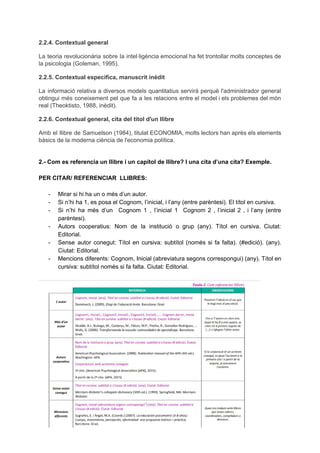 2.2.4. Contextual general
La teoria revolucionària sobre la intel·ligència emocional ha fet trontollar molts conceptes de
la psicologia (Goleman, 1995).
2.2.5. Contextual específica, manuscrit inèdit
La informació relativa a diversos models quantitatius servirà perquè l'administrador general
obtingui més coneixement pel que fa a les relacions entre el model i els problemes del món
real (Theoktisto, 1988, inèdit).
2.2.6. Contextual general, cita del títol d'un llibre
Amb el llibre de Samuelson (1984), titulat ECONOMIA, molts lectors han après els elements
bàsics de la moderna ciència de l'economia política.
2.- Com es referencia un llibre i un capítol de llibre? I una cita d’una cita? Exemple.
PER CITAR/ REFERENCIAR LLIBRES:
- Mirar si hi ha un o més d’un autor.
- Si n’hi ha 1, es posa el Cognom, l’inicial, i l’any (entre parèntesi). El títol en cursiva.
- Si n’hi ha més d’un Cognom 1 , l’inicial 1 Cognom 2 , l’inicial 2 , i l’any (entre
parèntesi).
- Autors cooperatius: Nom de la institució o grup (any). Títol en cursiva. Ciutat:
Editorial.
- Sense autor conegut: Títol en cursiva: subtítol (només si fa falta). (#edició). (any).
Ciutat: Editorial.
- Mencions diferents: Cognom, Inicial (abreviatura segons correspongui) (any). Títol en
cursiva: subtítol només si fa falta. Ciutat: Editorial.
 