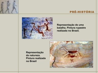 Representação de uma batalha. Pintura rupestre realizada no Brasil. Representação da natureza. Pintura realizada no Brasil 