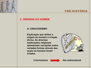2- ORIGENS DO HOMEM A- CRIACIONISMO Explicação que atribui a origem do homem à criação divina. As diversas explicações religiosas apresentam narrações sobre variadas formas através das quais os homens foram criados. Criacionismo Ato sobrenatural 