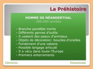 La Préhistoire
                 HOMME DE NÉANDERTHAL
                     300.000 années

        -    Branche parallèle morte
        -    Différents genres d’outils
        -    Il usaient des peaux d’animaux
        -    Objets de décoration: boucles-d’oreilles
        -    Fondement d’une cabane
        -    Possible langage articulé
        -    Il a vécu dans toute l’Europe
        -    Premiers enterrements

Internenes                                    PiensoyJuego
 