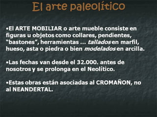 arte mobiliar Venus de Willendorf Fecha incierta: puede ser de hace 32.000 años o, más posible, de hace unos 20.000 Esculpida en piedra caliza y “pintada” en rojo.  Mide unos 11,5 centímetros de alto. Parece una representación de la “fertilidad” por el resalte de los aspectos sexuales: pechos, sexo, vientre y nalgas … 
