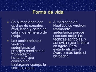Forma de vida Se alimentaban con gachas de cereales, miel, leche y carne de cabra, de ternera o de oveja. Las sociedades se vuelven sedentarias :al principio practican el ''nomadismo hortense'' que consiste en trasladarse cuándo la tierra se agota  A mediados del Neolítico se vuelven totalmente sedentarios porque conocen mejor las técnicas agrícolas, y así evitan que la tierra se agote. Para evitarlo utilizan el ávaro y mas tarde el barbecho  