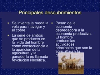 Principales descubrimientos Se inventa la rueda,la vela para navegar y el cobre. La serie de ambos que se producen en la  vida del hombre como consecuencia a la aparición de la agricultura y la ganadería es llamada revolución Neolítica. Pasan de la economía depredadora a la economía productiva. El hombre produce:las actividades principales que son la agricultura y la ganaderia. 