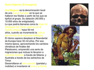 Homo Sapiens (Cromagnon)Cro-Magnon es la denominación local de una cueva francesa en la que se hallaron los fósiles a partir de los que se tipificó al grupo. Su datación (40.000 y 10.000 años de antigüedad).Lo que podría llamarse como la etapa de despegue del Homo sapiens por el mundo empezó hace 50 mil años, cuando se incrementó la cultura por encima de la evolución biológica. El Homo sapiens desplazó al Neandertal de Europa hace 35 mil años. Por esa misma época, aprovechando los cambios climáticos de finales del Pleistoceno, emprendió una serie de migraciones que incluso lo llevaron a colonizar América a través de Siberia, y Australia a través de los estrechos de Timor. Desarrollaron el arte rupestre (parietal y mobiliar) e inventaron el arco y la flecha.