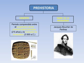 PREHISTORIACONCEPTOPADRE  DE  LA PREHISTORIAPeriodo comprendido entre el surgimiento de los primeros seres humanos (2’5 años) y la invención de la escritura (3 500 a.C.)Jacques Boucher de Perthes