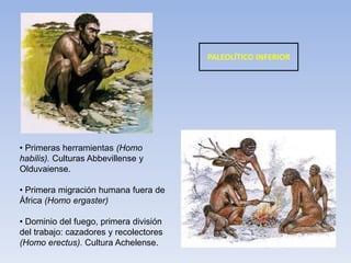 PALEOLÍTICO INFERIOR Primeras herramientas (Homo habilis). Culturas Abbevillense y Olduvaiense.