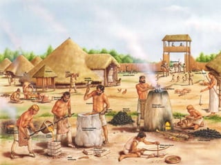 El NeolíticoBase económica:Agricultura y ganadería.Forma de vida:Sedentaria.Viven en poblados.Inventos:Siembra.Domesticación de animalesLa cerámica y el tejido.Hoces, azadas, molinos de mano, sistemas de riego.La rueda, el carro, el barco.