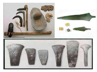 Organización social:División social del trabajo (agricultores, ganaderos …).Creencias:Sus dioses son las fuerzas de la naturaleza (la Tierra, el Sol, el agua …)La diosa madre.Arte:Pintura rupestre exterior.Representan escenas de caza, ceremonias …Construyen ídolos de piedra, cerámica …Monumentos megalíticos.