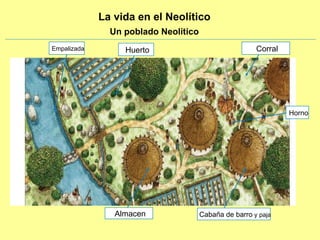 La vida en el Neolítico   Empalizada Huerto Corral Horno Almacen Cabaña de barro  y paja Un poblado Neolítico  