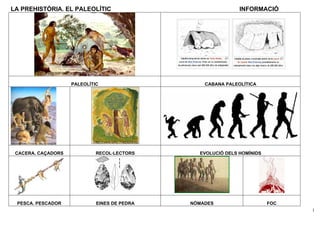 LA PREHISTÒRIA. EL PALEOLÍTIC                                 INFORMACIÓ




                    PALEOLÍTIC                    CABANA PALEOLÍTICA




 CACERA. CAÇADORS            RECOL·LECTORS      EVOLUCIÓ DELS HOMÍNIDS




 PESCA. PESCADOR             EINES DE PEDRA   NÒMADES                    FOC
                                                                               1
 