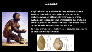 Homo habilis

Surgiu há cerca de 2 milhões de anos. Foi localizado na
Tanzânia e no Quênia e é o primeiro representante
conhecido do gênero Homo, significando uma grande
evolução em relação aos seus antecessores. Sua anatomia
era mais próxima dos homens atuais e já se diferenciavam
de maneira clara da anatomia dos macacos.
Com seu avançado desenvolvimento, possuía a capacidade
de produzir suas ferramentas.
 