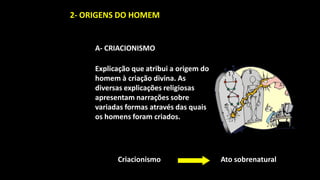 2- ORIGENS DO HOMEM


     A- CRIACIONISMO

     Explicação que atribui a origem do
     homem à criação divina. As
     diversas explicações religiosas
     apresentam narrações sobre
     variadas formas através das quais
     os homens foram criados.




           Criacionismo                   Ato sobrenatural
 