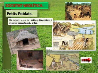 SOCIETAT NEOLÍTICA.
Petits Poblats.
 Els poblats eren de petites dimensions i
 situats a prop d’un riu o llac.
 