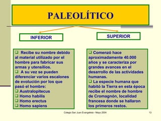 PALEOLÍTICO INFERIOR SUPERIOR Recibe su nombre debido al material utilizado por el hombre para fabricar sus armas y utensilios.  A su vez se pueden diferenciar varios escalones de evolución por los que pasó el hombre: Australopitecus Homo habilis Homo erectus Homo sapiens Comenzó hace aproximadamente 40.000 años y se caracteriza por grandes avances en el desarrollo de las actividades humanas.  La especie humana que habitó la Tierra en esta época recibe el nombre de hombre de Cromagnón, localidad francesa donde se hallaron los primeros restos. 