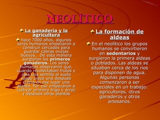 Neolítico
La ganadería y la
agricultura

hace 7000 años, algunos
seres humanos empezaron a
construir cercados para
guardar cabras ovejas
bueyes… De esta manera
surgieron los primeros
ganaderos. Los seres
humanos observaron que,
cuando recolectaban frutos y
caía una semilla al suelo
luego crece una después
crecía en ese lugar una
planta. Por eso empezaron a
cultivar primero trigo y arroz
y después otras plantas

La formación de
aldeas
En el neolítico los grupos
humanos se convirtieron
en sedentarios y
surgieron la primera aldeas
o poblados. Las aldeas se
situaban cerca de los ríos
para disponen de agua.
Algunas personas
comenzaron a ser
especiales en un trabajo:
agricultores, otros
ganaderos y otros
artesanos.

 