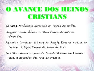O AVANCE DOS REINOS
CRISTIANS
En 1031 Al-Ándalus dividiuse en reinos de taifas.
Chegaron desde África os almorabides, despois os
almohades.
En 1137 formouse a Coroa de Aragón. Despois o reino de
Portugal independizouse do Reino de león.
En 1230 creouse a coroa de Castela. O reino de Navarra
pasou a depender dos reis de Francia.
 
