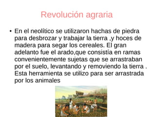 Revolución agraria
● En el neolítico se utilizaron hachas de piedra
para desbrozar y trabajar la tierra ,y hoces de
madera para segar los cereales. El gran
adelanto fue el arado,que consistía en ramas
convenientemente sujetas que se arrastraban
por el suelo, levantando y removiendo la tierra .
Esta herramienta se utilizo para ser arrastrada
por los animales