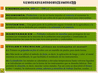 CRONOLOGÍA.CRONOLOGÍA. 4000 a.C. - 3500 a.C. (Aparición de la escritura).CRONOLOGÍA.CRONOLOGÍA. 4000 a.C. - 3500 a.C. (Aparición de la escritura).
ECONOMÍA.ECONOMÍA. Productora, y se da un fuerte impulso al comercio al aumentar la
producción y acumular excedentes (lo que sobra de lo que se produce) para intercambiar.
ECONOMÍA.ECONOMÍA. Productora, y se da un fuerte impulso al comercio al aumentar la
producción y acumular excedentes (lo que sobra de lo que se produce) para intercambiar.
VIVÍAN DE…VIVÍAN DE… Una gran parte de la población seguía viviendo de la agricultura y la
ganadería y otra se dedicaba por completo a la artesanía y al comercio.
VIVÍAN DE…VIVÍAN DE… Una gran parte de la población seguía viviendo de la agricultura y la
ganadería y otra se dedicaba por completo a la artesanía y al comercio.
HABITABAN EN ….HABITABAN EN …. Poblados rodeados de murallas para protegerse de sus
vecinos.Las viviendas de la mayoría de la población eran pequeñas y construídas de
adobe,mientras las casas de los más ricos eran grandes y confortables.
HABITABAN EN ….HABITABAN EN …. Poblados rodeados de murallas para protegerse de sus
vecinos.Las viviendas de la mayoría de la población eran pequeñas y construídas de
adobe,mientras las casas de los más ricos eran grandes y confortables.
ÚTILES Y TÉCNICAS.ÚTILES Y TÉCNICAS. ¿Cómo se trabajaba el metal?
1) Primero se golpeaba en frío el cobre con un martillo de piedra para darle forma.
2) Más tarde se utilizó el método de forja, es decir, la aplicación de fuego y calor al metal
mientras era martilleado, lo que facilitaba el moldeado de los instrumentos.
3) La fundición: los metales se calentaban a elevadas temperaturas hasta volverse líquidos
y se introducían en moldes con la forma de los instrumentos que se deseaba fabricar. Esto
permitió la aleación, es decir, mezclar varios metales. Fue así como se descubrió el bronce
(cobre + estaño). Se elaboraron armas, adornos y utensilios de trabajo (hachas, azadas…)
ÚTILES Y TÉCNICAS.ÚTILES Y TÉCNICAS. ¿Cómo se trabajaba el metal?
1) Primero se golpeaba en frío el cobre con un martillo de piedra para darle forma.
2) Más tarde se utilizó el método de forja, es decir, la aplicación de fuego y calor al metal
mientras era martilleado, lo que facilitaba el moldeado de los instrumentos.
3) La fundición: los metales se calentaban a elevadas temperaturas hasta volverse líquidos
y se introducían en moldes con la forma de los instrumentos que se deseaba fabricar. Esto
permitió la aleación, es decir, mezclar varios metales. Fue así como se descubrió el bronce
(cobre + estaño). Se elaboraron armas, adornos y utensilios de trabajo (hachas, azadas…)
 