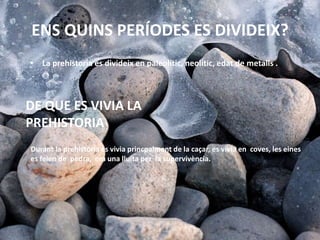 ENS QUINS PERÍODES ES DIVIDEIX?
• La prehistoria es divideix en paleolític, neolític, edat de metalls .
DE QUE ES VIVIA LA...