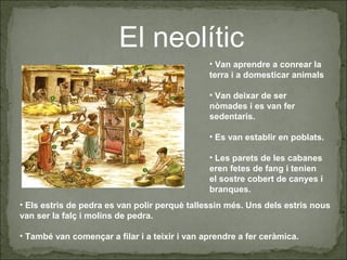 El neolític
• Van aprendre a conrear la
terra i a domesticar animals
• Van deixar de ser
nòmades i es van fer
sedentaris.
• Es van establir en poblats.
• Les parets de les cabanes
eren fetes de fang i tenien
el sostre cobert de canyes i
branques.
• Els estris de pedra es van polir perquè tallessin més. Uns dels estris nous
van ser la falç i molins de pedra.
• També van començar a filar i a teixir i van aprendre a fer ceràmica.
 