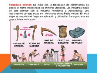 Paleolítico Inferior: Se inicia con la fabricación de herramientas de
piedra, el Homo Habilis talla los primeros utensilios. Las industrias líticas
de este periodo son la industria Achelense y Abbevillense. Los
instrumentos de esta etapa son conocidos como Peble culture. En esta
etapa se descubrió el fuego, su aplicación y utilización. Se organizaron en
grupos llamados hordas
 
