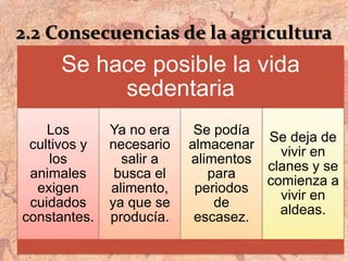 2.2 Consecuencias de la agricultura
Se hace posible la vida
sedentaria
Los
cultivos y
los
animales
exigen
cuidados
constantes.
Ya no era
necesario
salir a
busca el
alimento,
ya que se
producía.
Se podía
almacenar
alimentos
para
periodos
de
escasez.
Se deja de
vivir en
clanes y se
comienza a
vivir en
aldeas.
 