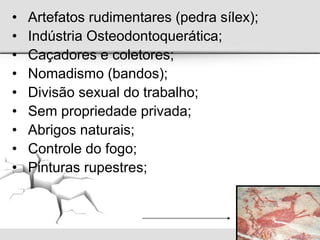 • Artefatos rudimentares (pedra sílex);
• Indústria Osteodontoquerática;
• Caçadores e coletores;
• Nomadismo (bandos);
• Divisão sexual do trabalho;
• Sem propriedade privada;
• Abrigos naturais;
• Controle do fogo;
• Pinturas rupestres;
 