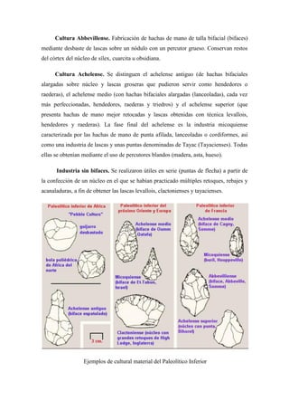 Cultura Abbevillense. Fabricación de hachas de mano de talla bifacial (bifaces)
mediante desbaste de lascas sobre un nódulo con un percutor grueso. Conservan restos
del córtex del núcleo de sílex, cuarcita u obsidiana.
Cultura Achelense. Se distinguen el achelense antiguo (de hachas bifaciales
alargadas sobre núcleo y lascas groseras que pudieron servir como hendedores o
raederas), el achelense medio (con hachas bifaciales alargadas (lanceoladas), cada vez
más perfeccionadas, hendedores, raederas y triedros) y el achelense superior (que
presenta hachas de mano mejor retocadas y lascas obtenidas con técnica levallois,
hendedores y raederas). La fase final del achelense es la industria micoquiense
caracterizada por las hachas de mano de punta afilada, lanceoladas o cordiformes, así
como una industria de lascas y unas puntas denominadas de Tayac (Tayacienses). Todas
ellas se obtenían mediante el uso de percutores blandos (madera, asta, hueso).
Industria sin bifaces. Se realizaron útiles en serie (puntas de flecha) a partir de
la confección de un núcleo en el que se habían practicado múltiples retoques, rebajes y
acanaladuras, a fin de obtener las lascas levallois, clactonienses y tayacienses.
Ejemplos de cultural material del Paleolítico Inferior
 