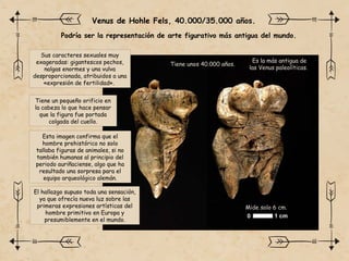 Podría ser la representación de arte figurativo más antigua del mundo.
Es la más antigua de
las Venus paleolíticas.
El hallazgo supuso toda una sensación,
ya que ofrecía nueva luz sobre las
primeras expresiones artísticas del
hombre primitivo en Europa y
presumiblemente en el mundo.
Tiene unos 40.000 años.
Mide solo 6 cm.
Tiene un pequeño orificio en
la cabeza lo que hace pensar
que la figura fue portada
colgada del cuello.
Esta imagen confirma que el
hombre prehistórico no solo
tallaba figuras de animales, si no
también humanas al principio del
periodo auriñaciense, algo que ha
resultado una sorpresa para el
equipo arqueológico alemán.
Venus de Hohle Fels, 40.000/35.000 años.
Sus caracteres sexuales muy
exageradas: gigantescos pechos,
nalgas enormes y una vulva
desproporcionada, atribuidos a una
«expresión de fertilidad».
 