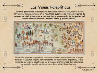 Todas ellas parecen responder a representaciones convencionales de la mujer
de la época (algunas llegan a ser claramente estilizaciones o esquemas), lo que
no impide apreciar la maestría de los artesanos prehistóricos. Son esculturas
de pequeño tamaño, oscilando entre los 4 y los 25 centímetros.
Las venus paleolíticas son estatuillas femeninas de hueso, asta, marfil, piedra,
terracota y madera, datadas en el Paleolítico Superior. Se trata de figuras de
mujeres de rostro impreciso y con una fuerte exageración de las partes del
cuerpo (vientre abultado, enormes senos y piernas obesas).
Las Venus Paleolíticas
Hª del Arte © 2026
Simon Ibarretxe
10.000
40.000
 