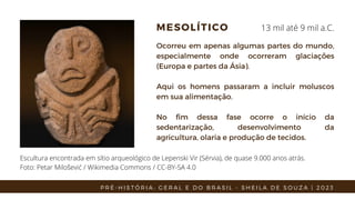 MESOLÍTICO
Ocorreu em apenas algumas partes do mundo,
especialmente onde ocorreram glaciações
(Europa e partes da Ásia).
Aqui os homens passaram a incluir moluscos
em sua alimentação.
No fim dessa fase ocorre o início da
sedentarização, desenvolvimento da
agricultura, olaria e produção de tecidos.
13 mil até 9 mil a.C.
Escultura encontrada em sítio arqueológico de Lepenski Vir (Sérvia), de quase 9.000 anos atrás.
Foto: Petar Milošević / Wikimedia Commons / CC-BY-SA 4.0
P R É - H I S T Ó R I A : G E R A L E D O B R A S I L - S H E I L A D E S O U Z A | 2 0 2 3
 