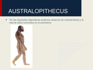 AUSTRALOPITHECUS
• *En las siguientes diapositivas podemos observar las características y la
vida de estos homínidos en la prehistoria
 